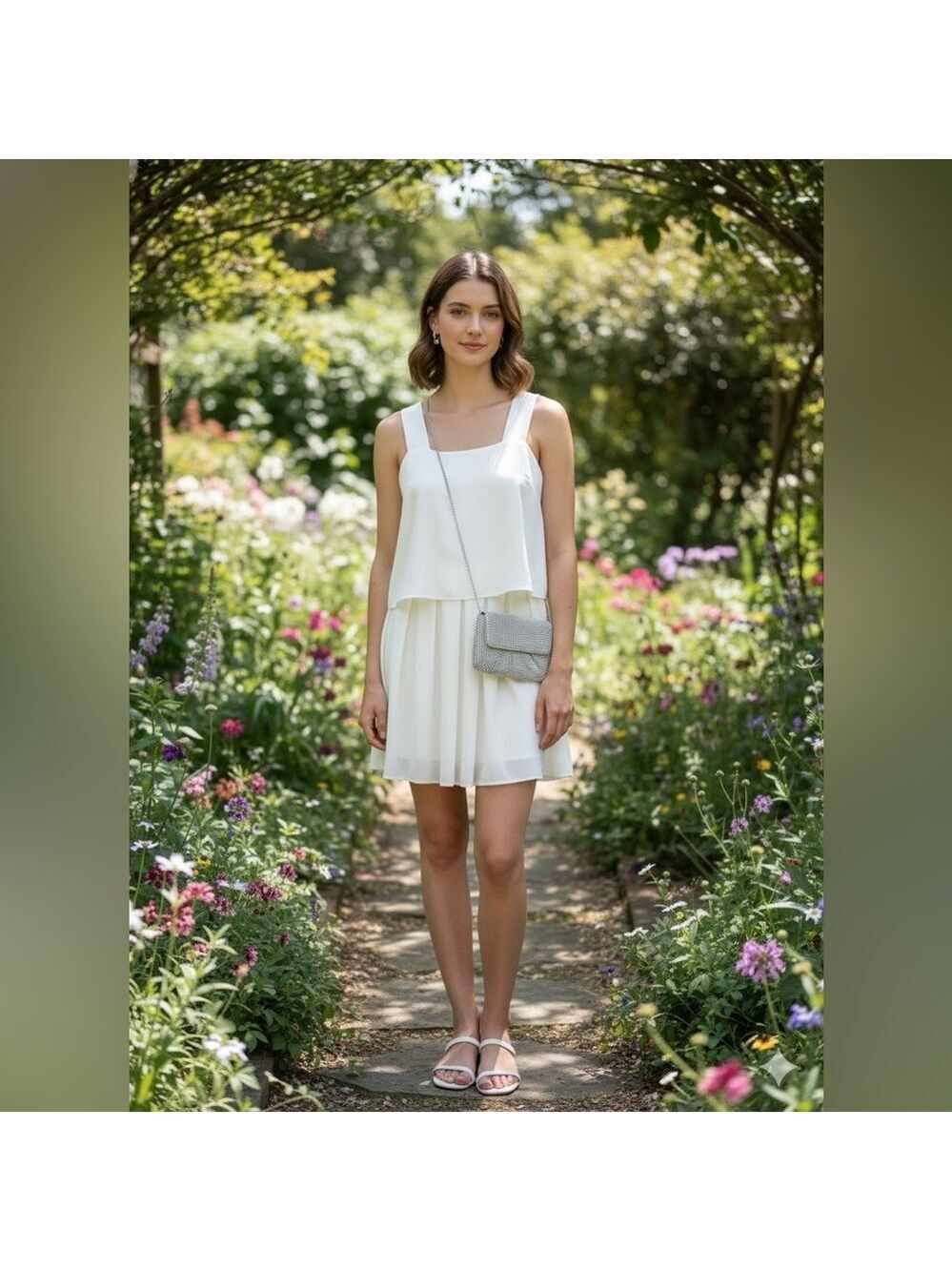 ZARA White Polyester Crepe Fully Lined Mini Dress Layered Look Wide Straps Sz L